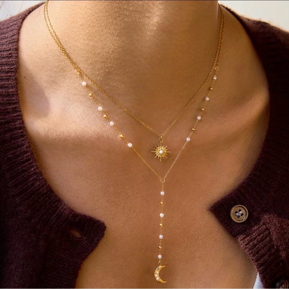 New double strand moon sun Elegant Gold and White Layered Necklace